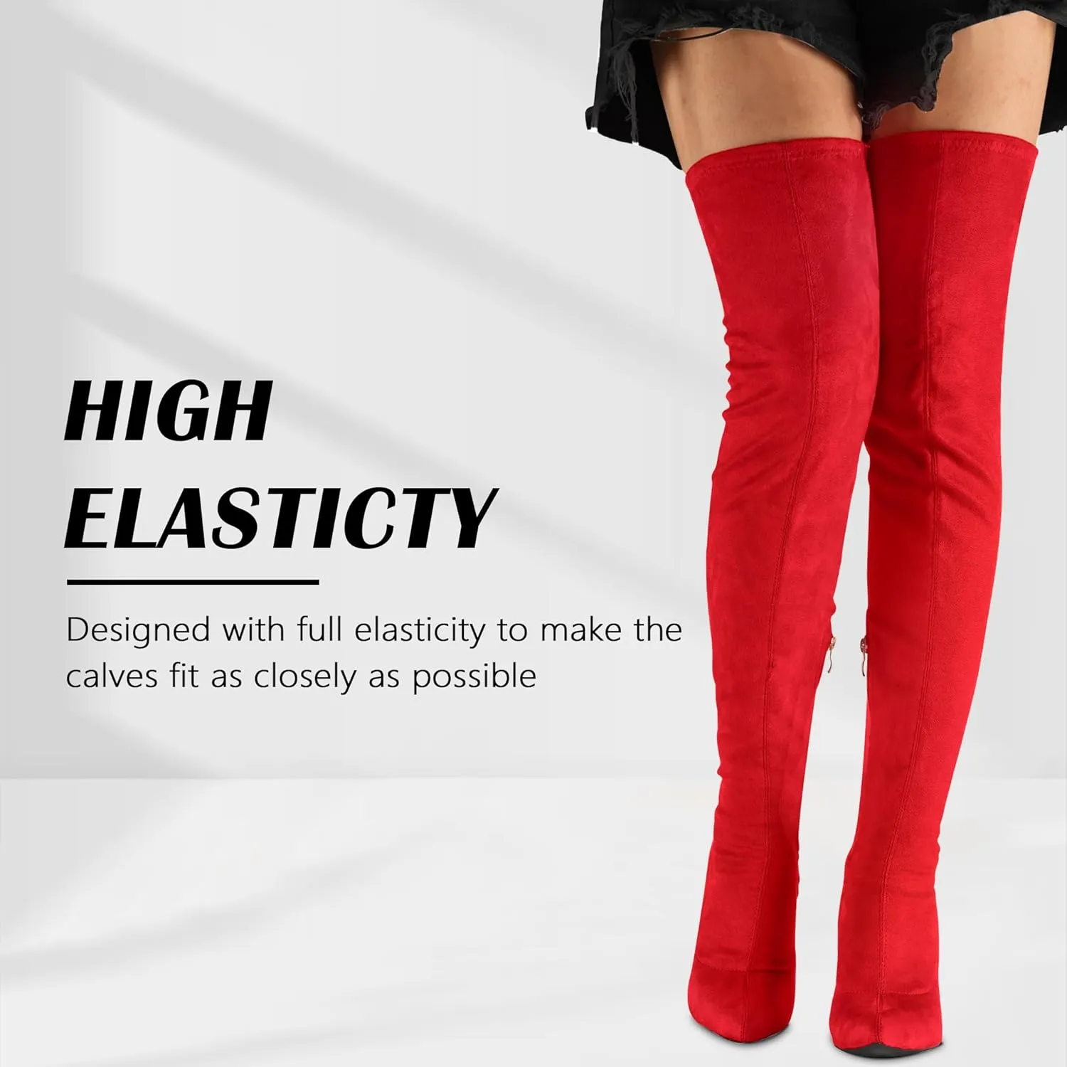 CAMSSOO Women's Thigh High Boots Faux Suede Elasticity Heels Over The Knee Boots Side Zip Pointed Toe Fashion Sexy Winter Stiletto Knee High Boots