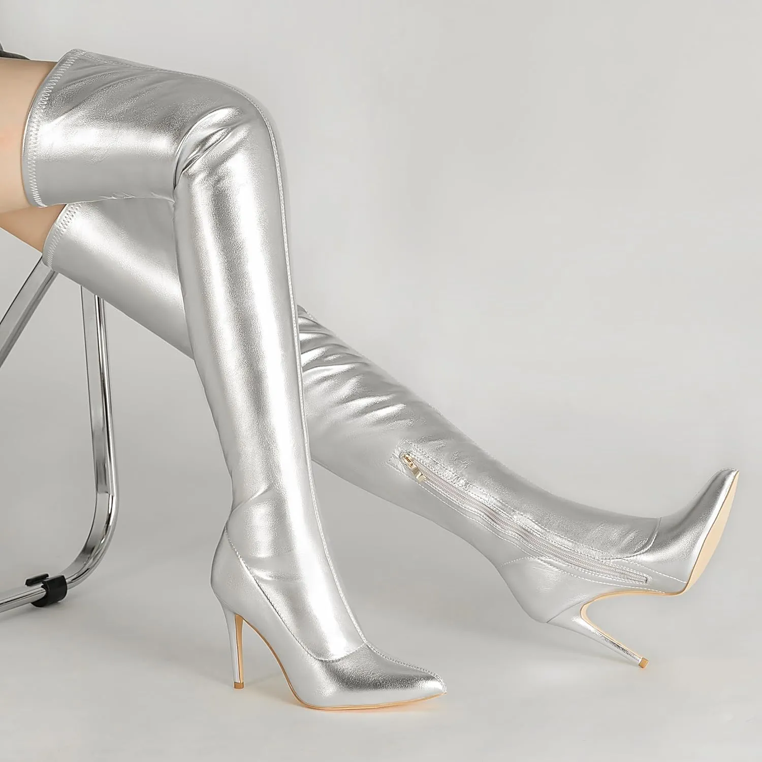 CAMSSOO Women's Thigh High Boots Faux Suede Elasticity Heels Over The Knee Boots Side Zip Pointed Toe Fashion Sexy Winter Stiletto Knee High Boots