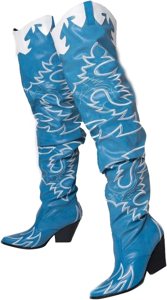 Cape Robbin Kelsey-21 Cowboy Boots Women, Over The Knee Western Cowgirl Boots with Chunky Block Heels, Fashion Dress Boots for Women