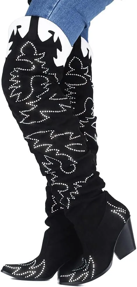 Cape Robbin Kelsey-21 Cowboy Boots Women, Over The Knee Western Cowgirl Boots with Chunky Block Heels, Fashion Dress Boots for Women