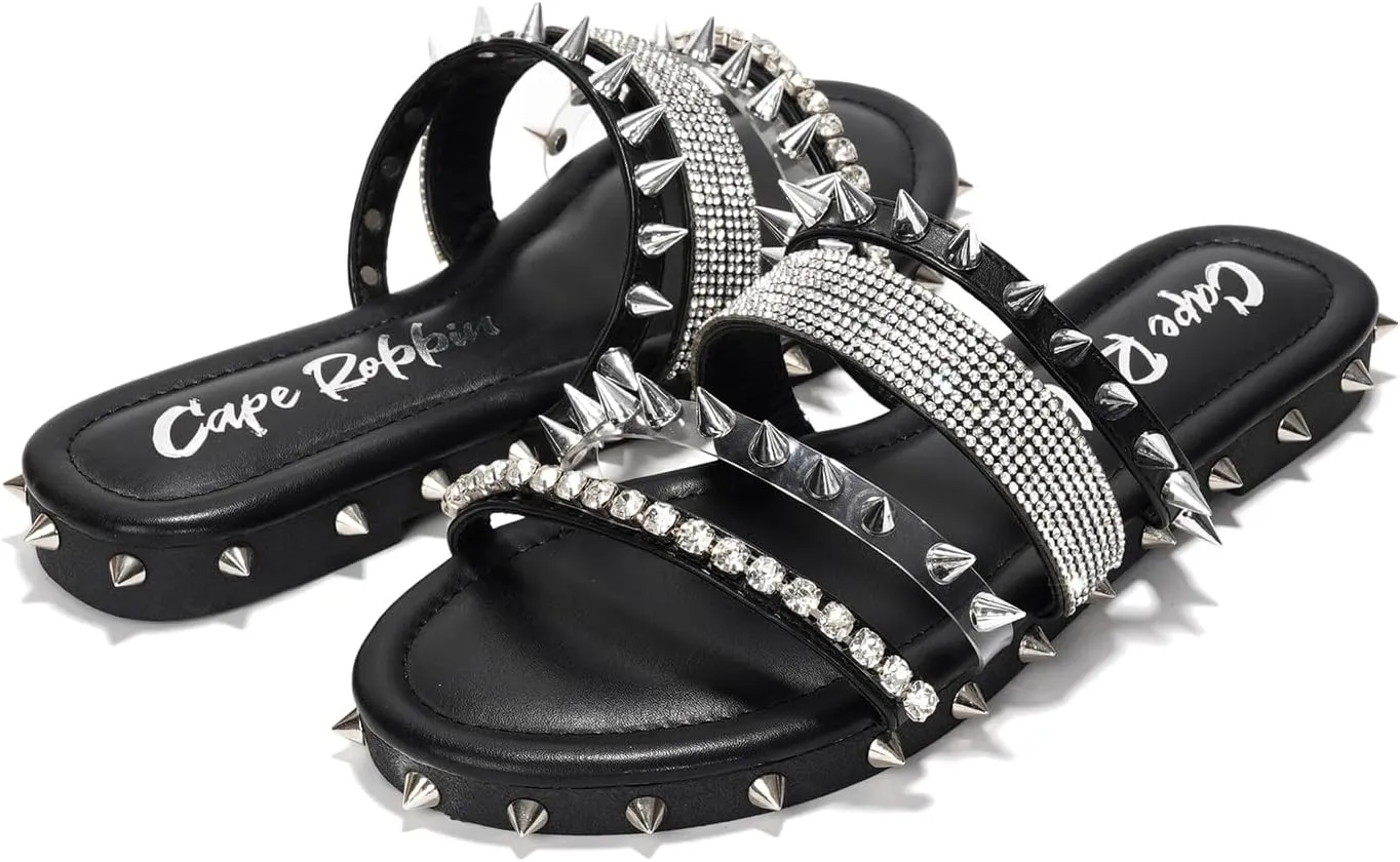 Cape Robbin Women's Studded Slide Sandals - Flat Slip-On Fashion Slides with Spikes - Comfortable Summer Sandals 2025 (Xtreme)