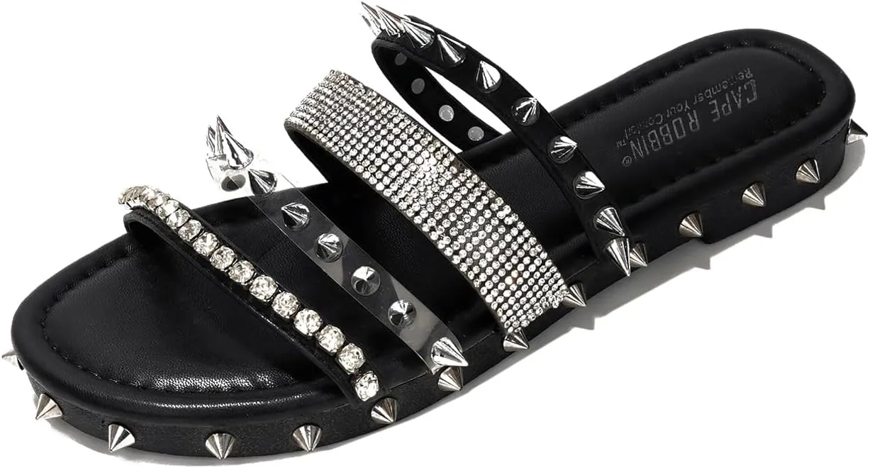 Cape Robbin Women's Studded Slide Sandals - Flat Slip-On Fashion Slides with Spikes - Comfortable Summer Sandals 2025 (Xtreme)
