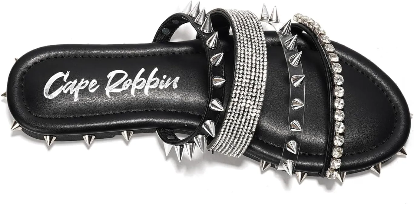 Cape Robbin Women's Studded Slide Sandals - Flat Slip-On Fashion Slides with Spikes - Comfortable Summer Sandals 2025 (Xtreme)