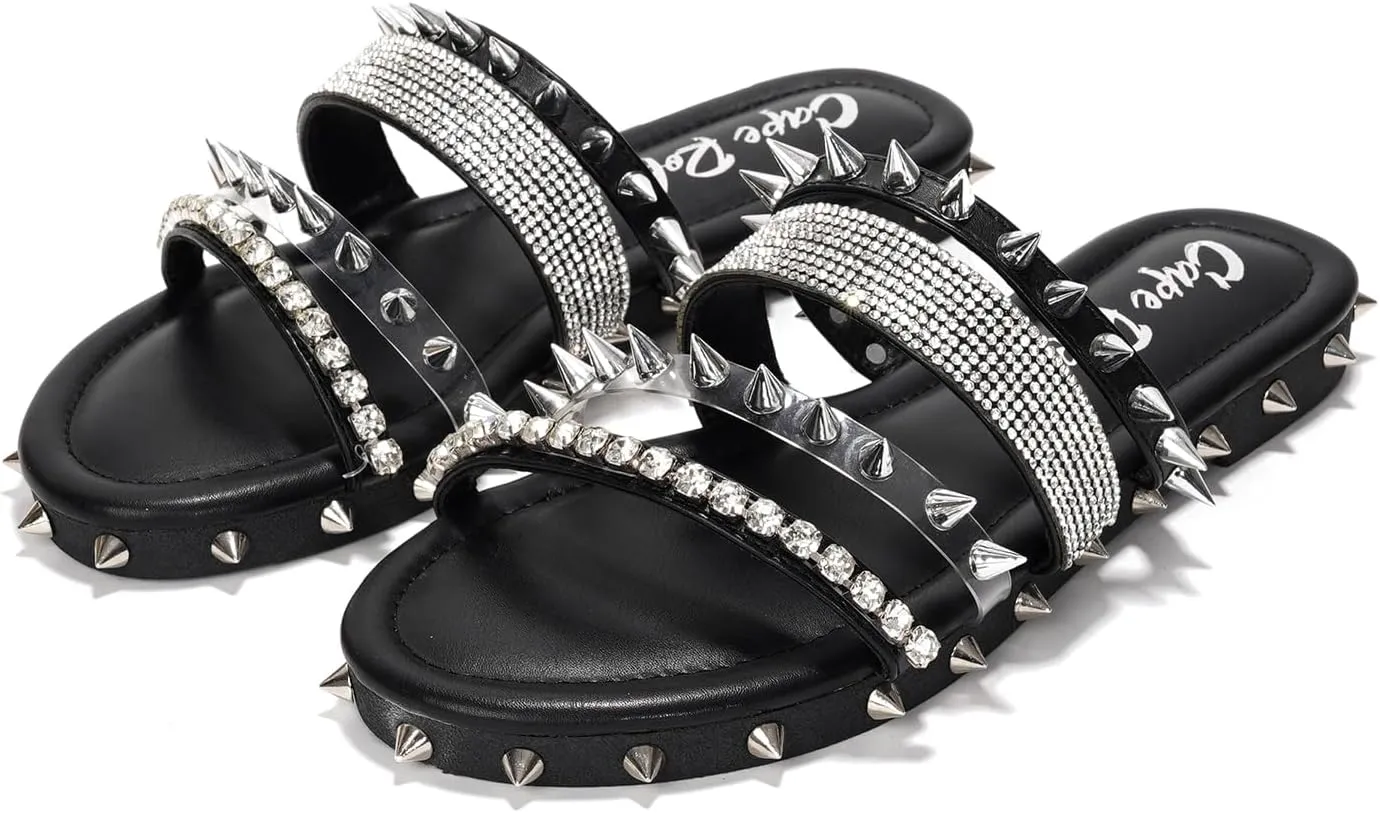 Cape Robbin Women's Studded Slide Sandals - Flat Slip-On Fashion Slides with Spikes - Comfortable Summer Sandals 2025 (Xtreme)