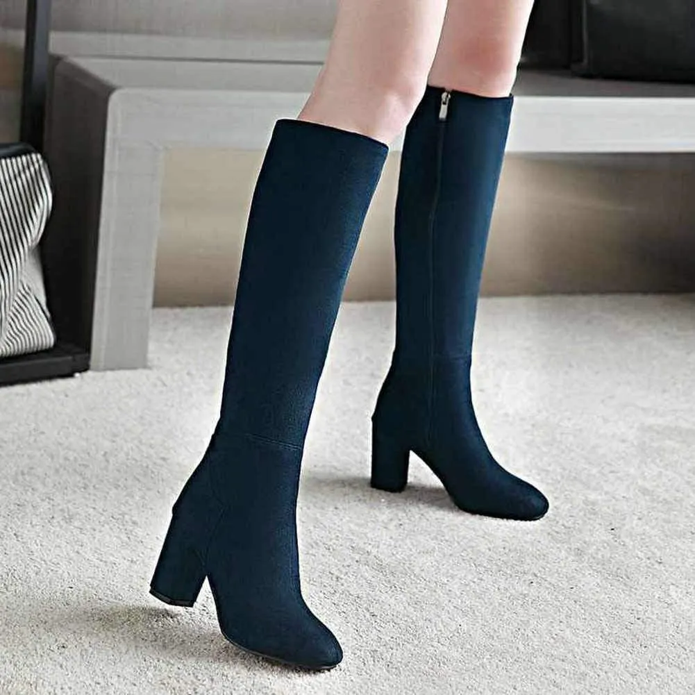 Caradise Womens Faux Suede Zip Chunky Heel Knee High Heeled Boots