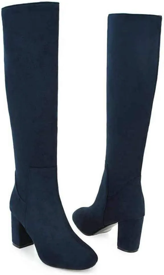 Caradise Womens Faux Suede Zip Chunky Heel Knee High Heeled Boots