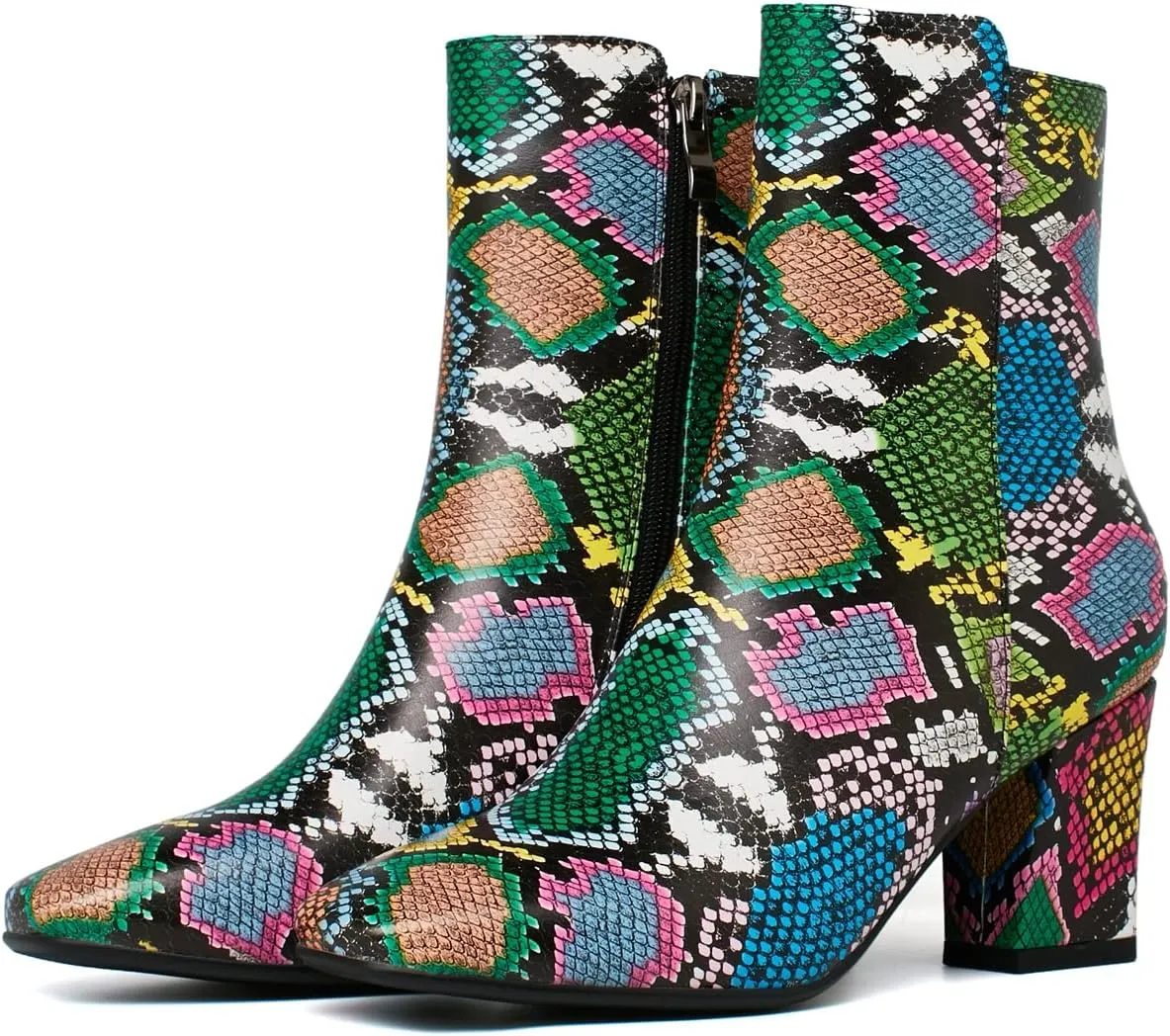 Caradise Womens High Chunky Heeled Boots Zip Up Square Toe Ankle Booties Size 10 B(M) US,Multicoloured Snake