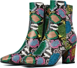 Caradise Womens High Chunky Heeled Boots Zip Up Square Toe Ankle Booties Size 10 B(M) US,Multicoloured Snake