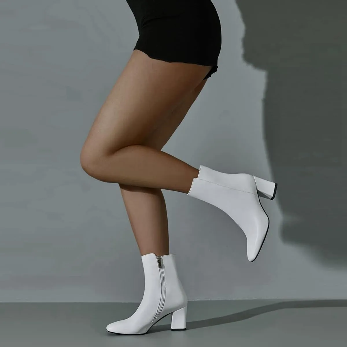 Caradise Womens High Chunky Heeled Boots Zip Up Square Toe Ankle Booties