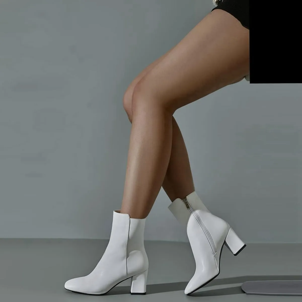 Caradise Womens High Chunky Heeled Boots Zip Up Square Toe Ankle Booties