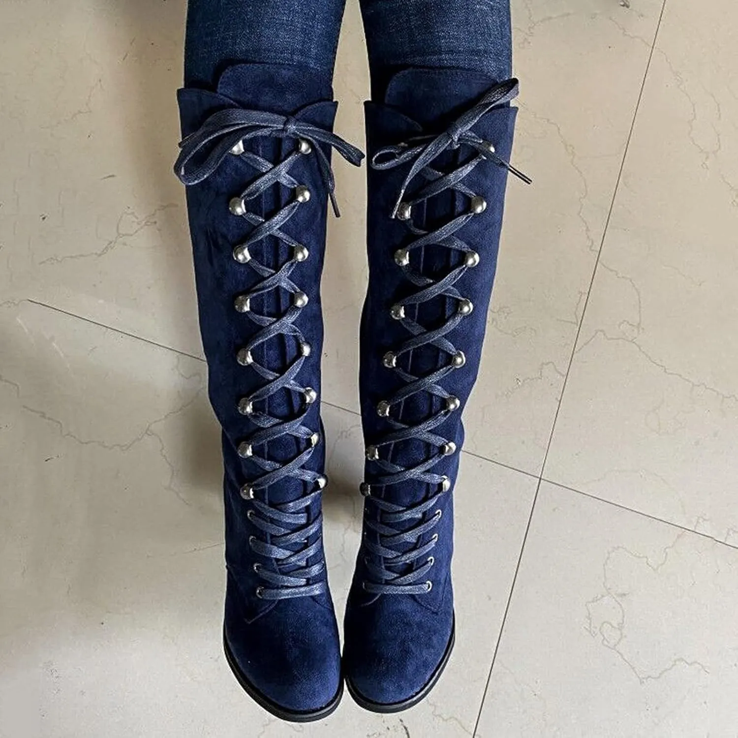 Cathalem Knee High Boots for Women Chunky Heel Boots Medieval Victorian Boots Lace Up Mid Calf Boots Goth Cosplay Costume