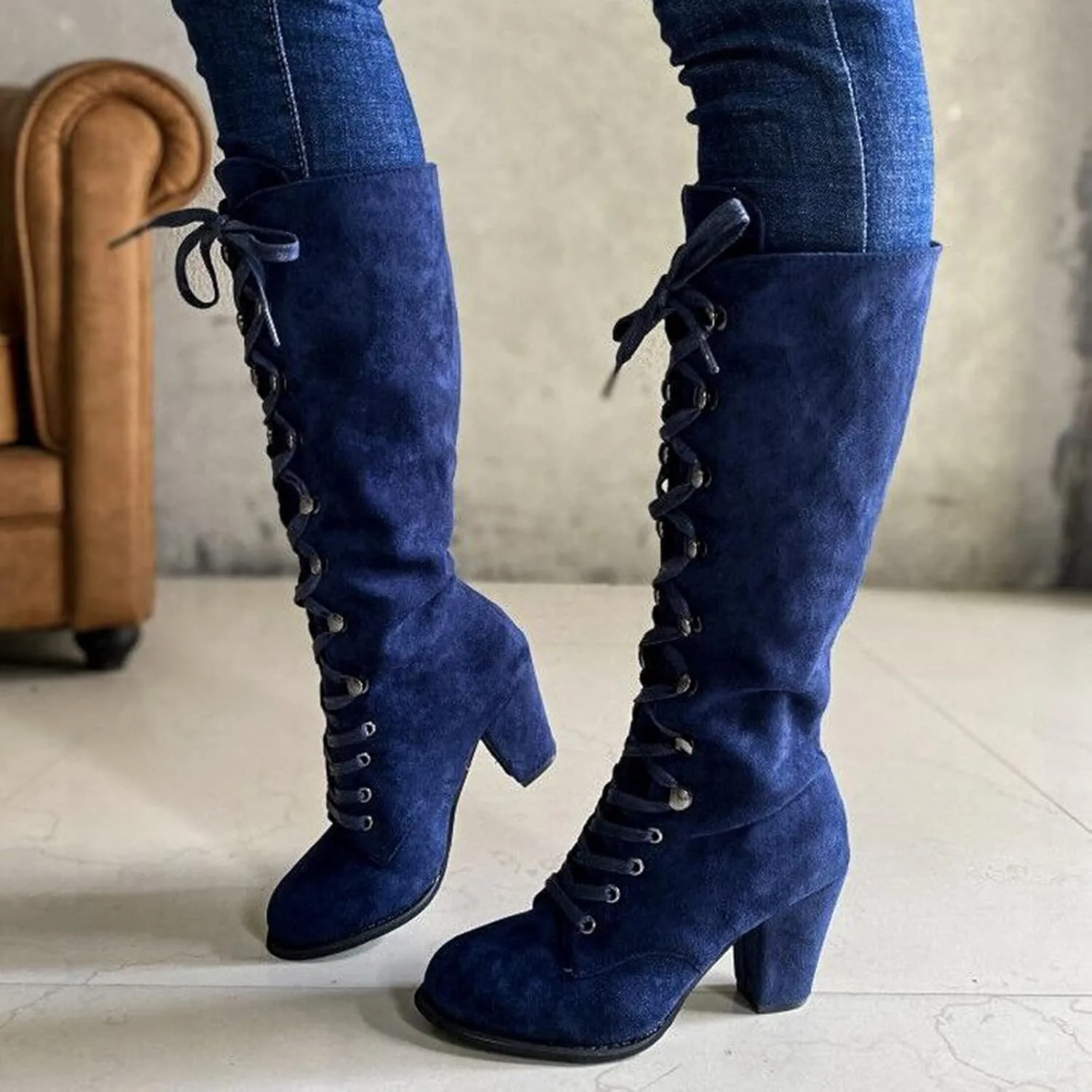 Cathalem Knee High Boots for Women Chunky Heel Boots Medieval Victorian Boots Lace Up Mid Calf Boots Goth Cosplay Costume