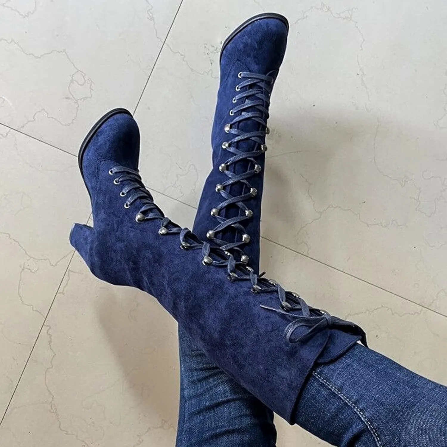 Cathalem Knee High Boots for Women Chunky Heel Boots Medieval Victorian Boots Lace Up Mid Calf Boots Goth Cosplay Costume