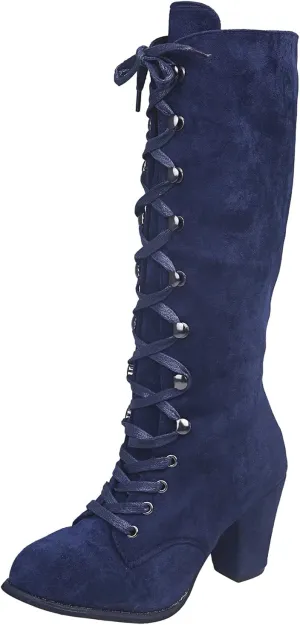 Cathalem Knee High Boots for Women Chunky Heel Boots Medieval Victorian Boots Lace Up Mid Calf Boots Goth Cosplay Costume