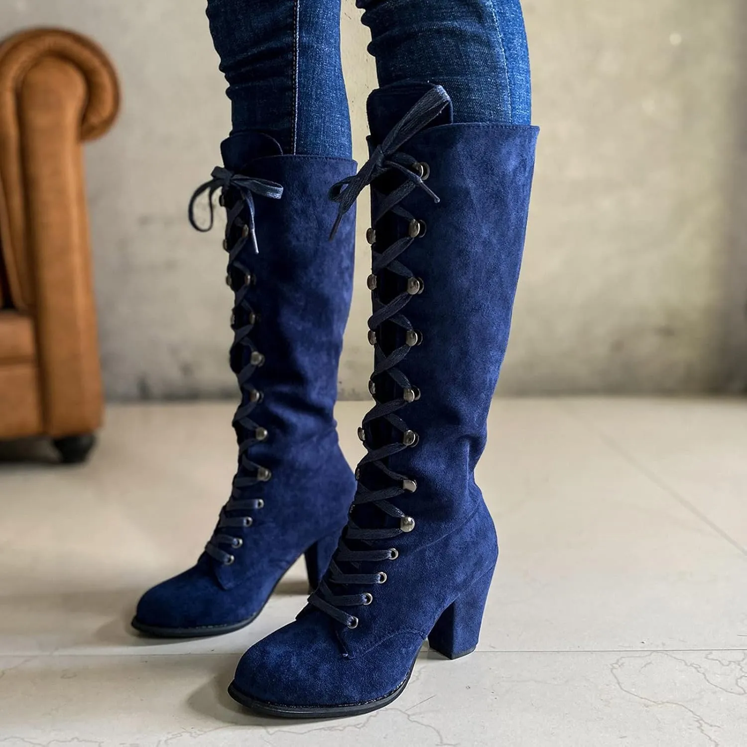 Cathalem Knee High Boots for Women Chunky Heel Boots Medieval Victorian Boots Lace Up Mid Calf Boots Goth Cosplay Costume