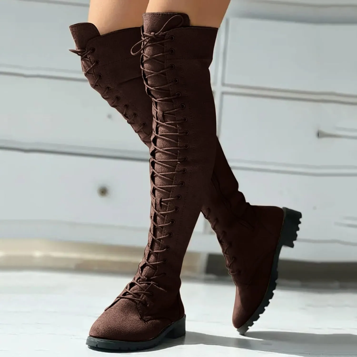 Cathalem Over the Knee Boots for Women Platform Thigh High Boots Chunky Heel Knee High Boots Round Toe Stretch Boots