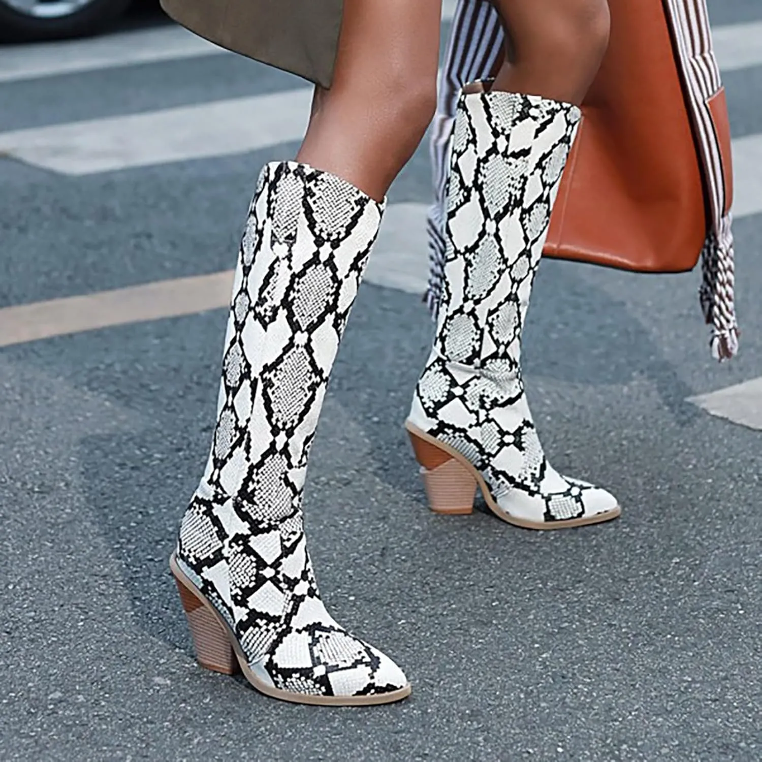 Cathalem Women's Knee High Boots Colorful Snakeskin Boots Round Toe Snake Print Chunky Block High Heel Pull On Boots