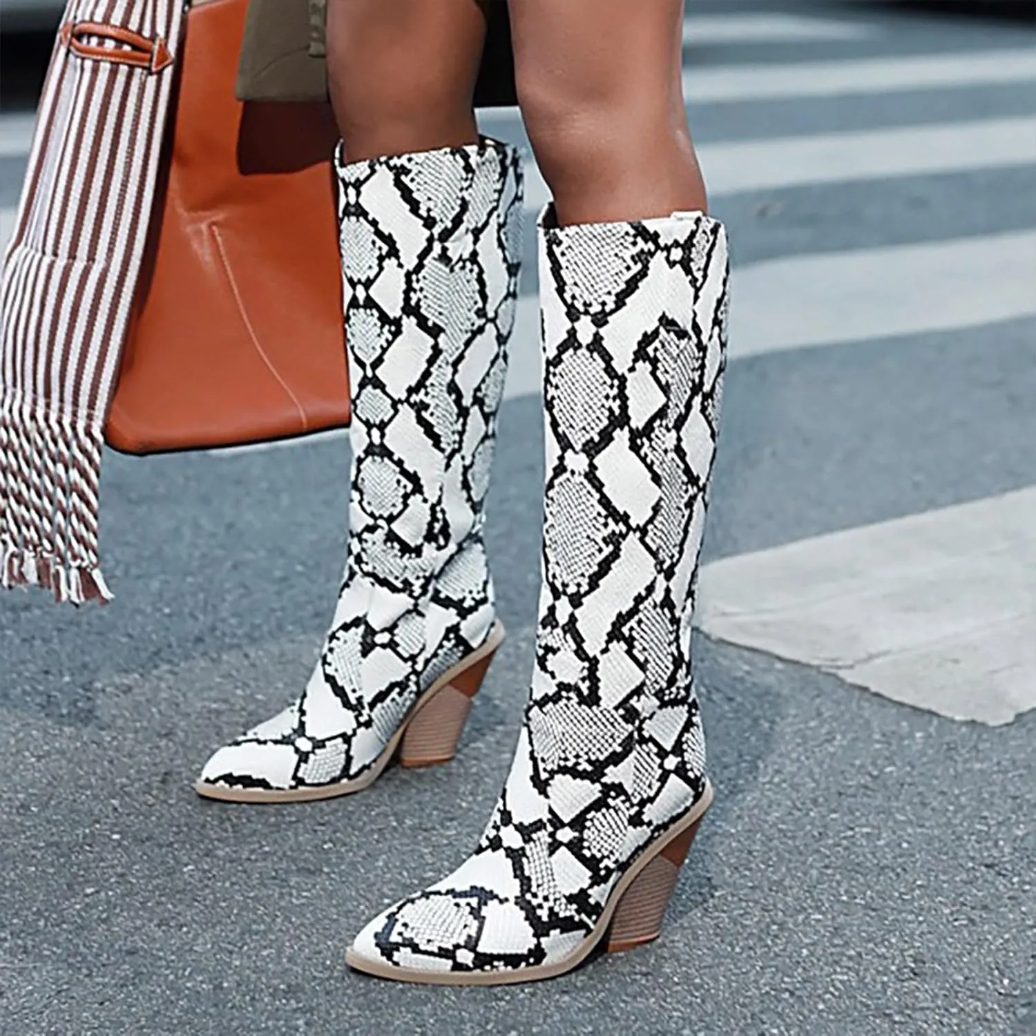 Cathalem Women's Knee High Boots Colorful Snakeskin Boots Round Toe Snake Print Chunky Block High Heel Pull On Boots