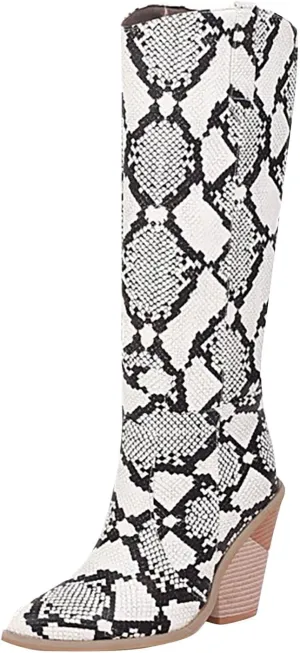 Cathalem Women's Knee High Boots Colorful Snakeskin Boots Round Toe Snake Print Chunky Block High Heel Pull On Boots