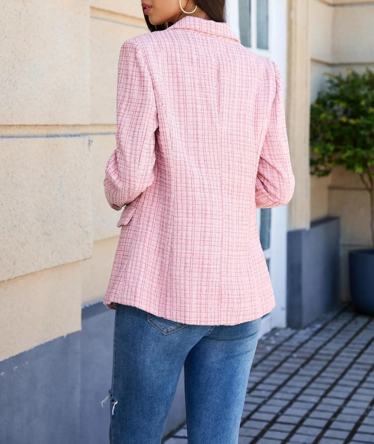 CCTOO Womens Tweed Blazers Casual Jackets Long Sleeve Oversized Open Front Plaid Blazer Jackets Work Suits with Pockets