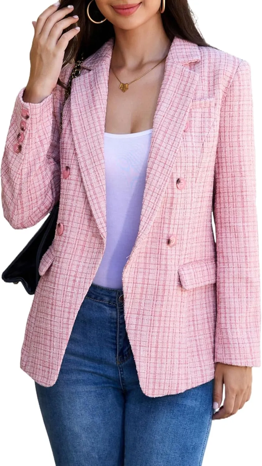 CCTOO Womens Tweed Blazers Casual Jackets Long Sleeve Oversized Open Front Plaid Blazer Jackets Work Suits with Pockets