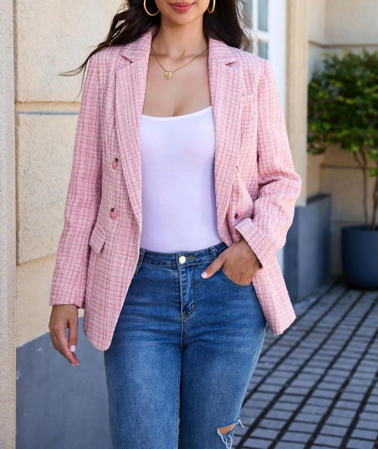 CCTOO Womens Tweed Blazers Casual Jackets Long Sleeve Oversized Open Front Plaid Blazer Jackets Work Suits with Pockets