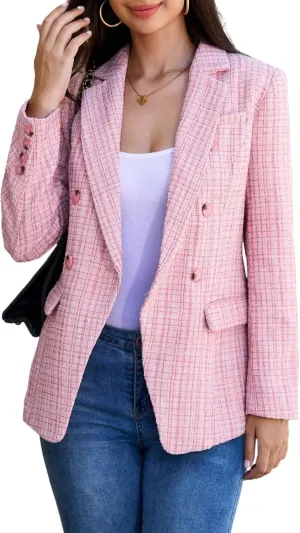 CCTOO Womens Tweed Blazers Casual Jackets Long Sleeve Oversized Open Front Plaid Blazer Jackets Work Suits with Pockets