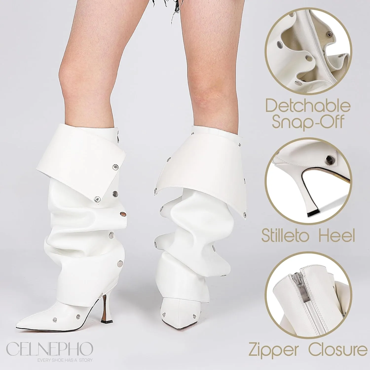 CELNEPHO Knee High Boots for Women Stiletto High Heel Pointed Toe Applique Denim Boots Zipper Detachable Snap-Off Wide Calf Slouchy Ruched Panel Shark Boots for Women