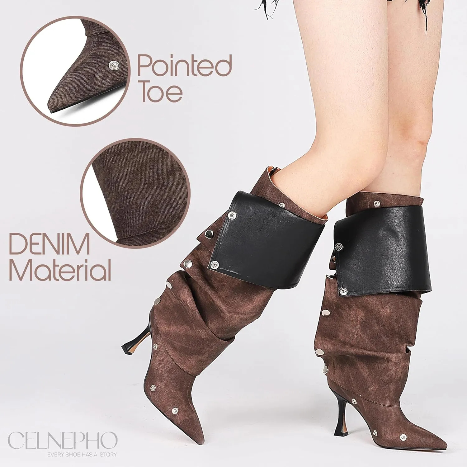 CELNEPHO Knee High Boots for Women Stiletto High Heel Pointed Toe Applique Denim Boots Zipper Detachable Snap-Off Wide Calf Slouchy Ruched Panel Shark Boots for Women
