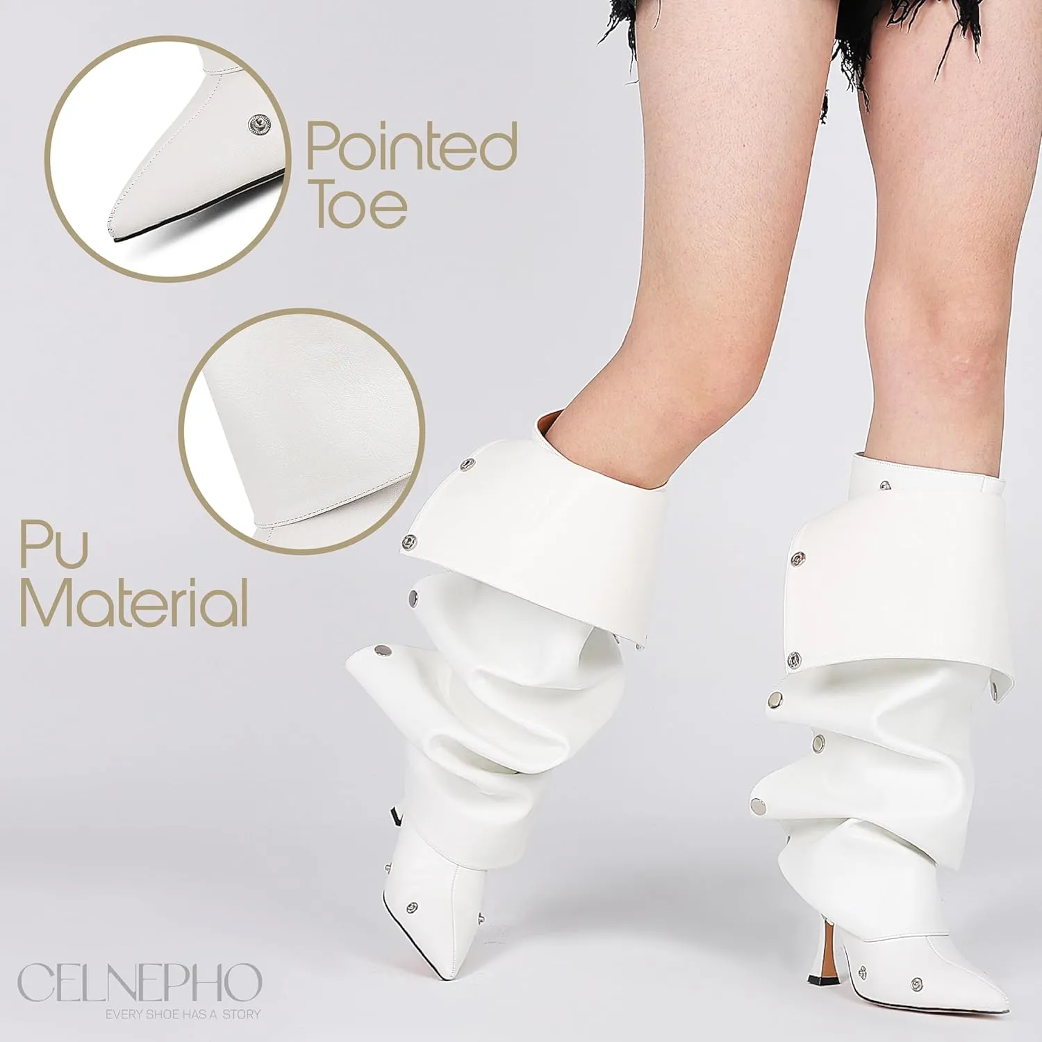 CELNEPHO Knee High Boots for Women Stiletto High Heel Pointed Toe Applique Denim Boots Zipper Detachable Snap-Off Wide Calf Slouchy Ruched Panel Shark Boots for Women