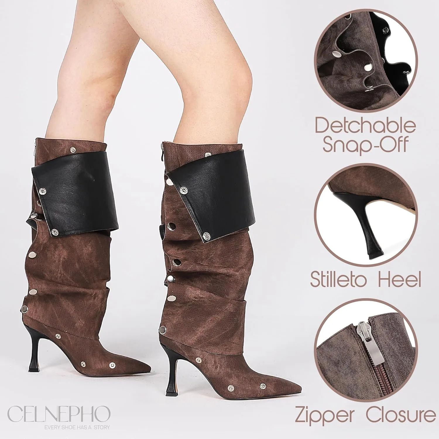 CELNEPHO Knee High Boots for Women Stiletto High Heel Pointed Toe Applique Denim Boots Zipper Detachable Snap-Off Wide Calf Slouchy Ruched Panel Shark Boots for Women