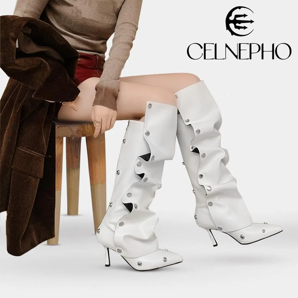 CELNEPHO Knee High Boots for Women Stiletto High Heel Pointed Toe Applique Denim Boots Zipper Detachable Snap-Off Wide Calf Slouchy Ruched Panel Shark Boots for Women
