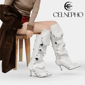 CELNEPHO Knee High Boots for Women Stiletto High Heel Pointed Toe Applique Denim Boots Zipper Detachable Snap-Off Wide Calf Slouchy Ruched Panel Shark Boots for Women
