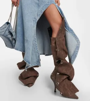 CELNEPHO Knee High Boots for Women Stiletto High Heel Pointed Toe Applique Denim Boots Zipper Detachable Snap-Off Wide Calf Slouchy Ruched Panel Shark Boots for Women