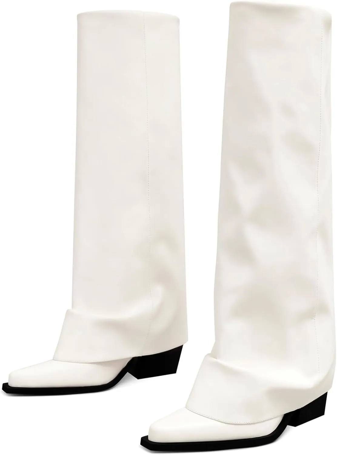 Chunky Knee High Fold Over Boots for Women with Zipper Pointed Toe