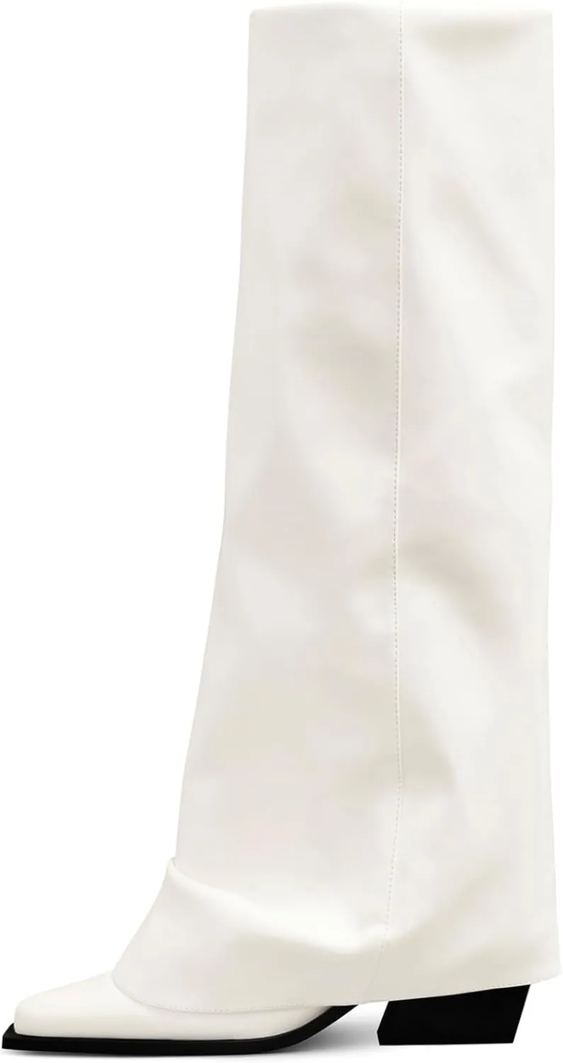 Chunky Knee High Fold Over Boots for Women with Zipper Pointed Toe