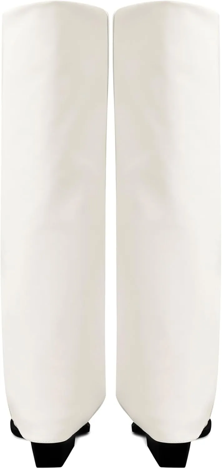 Chunky Knee High Fold Over Boots for Women with Zipper Pointed Toe