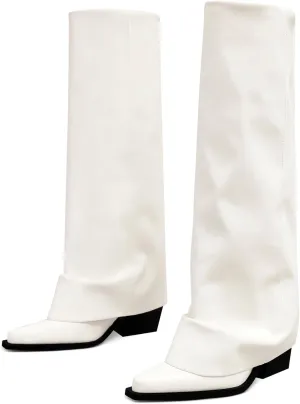 Chunky Knee High Fold Over Boots for Women with Zipper Pointed Toe