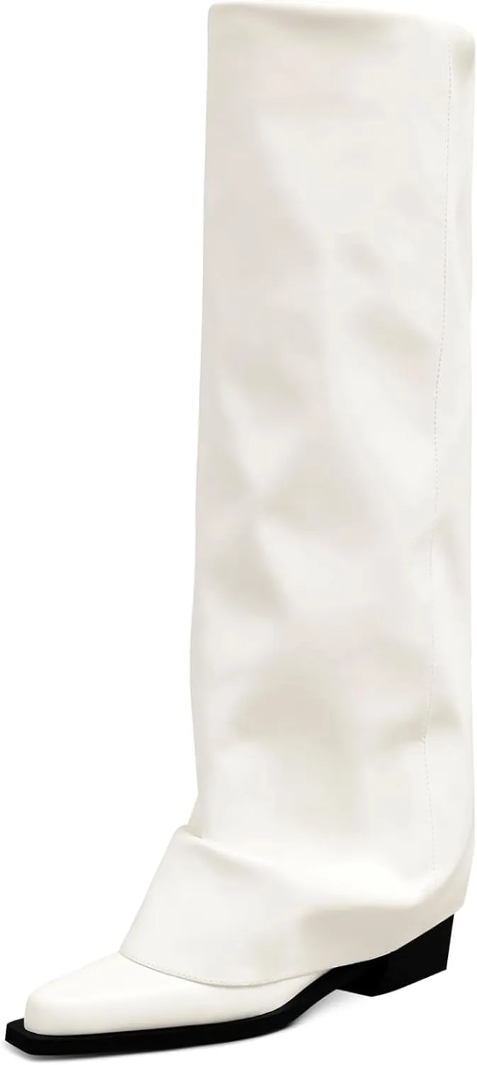 Chunky Knee High Fold Over Boots for Women with Zipper Pointed Toe
