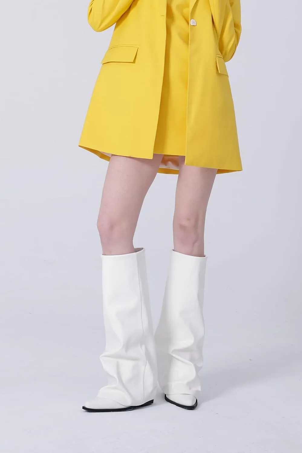 Chunky Knee High Fold Over Boots for Women with Zipper Pointed Toe