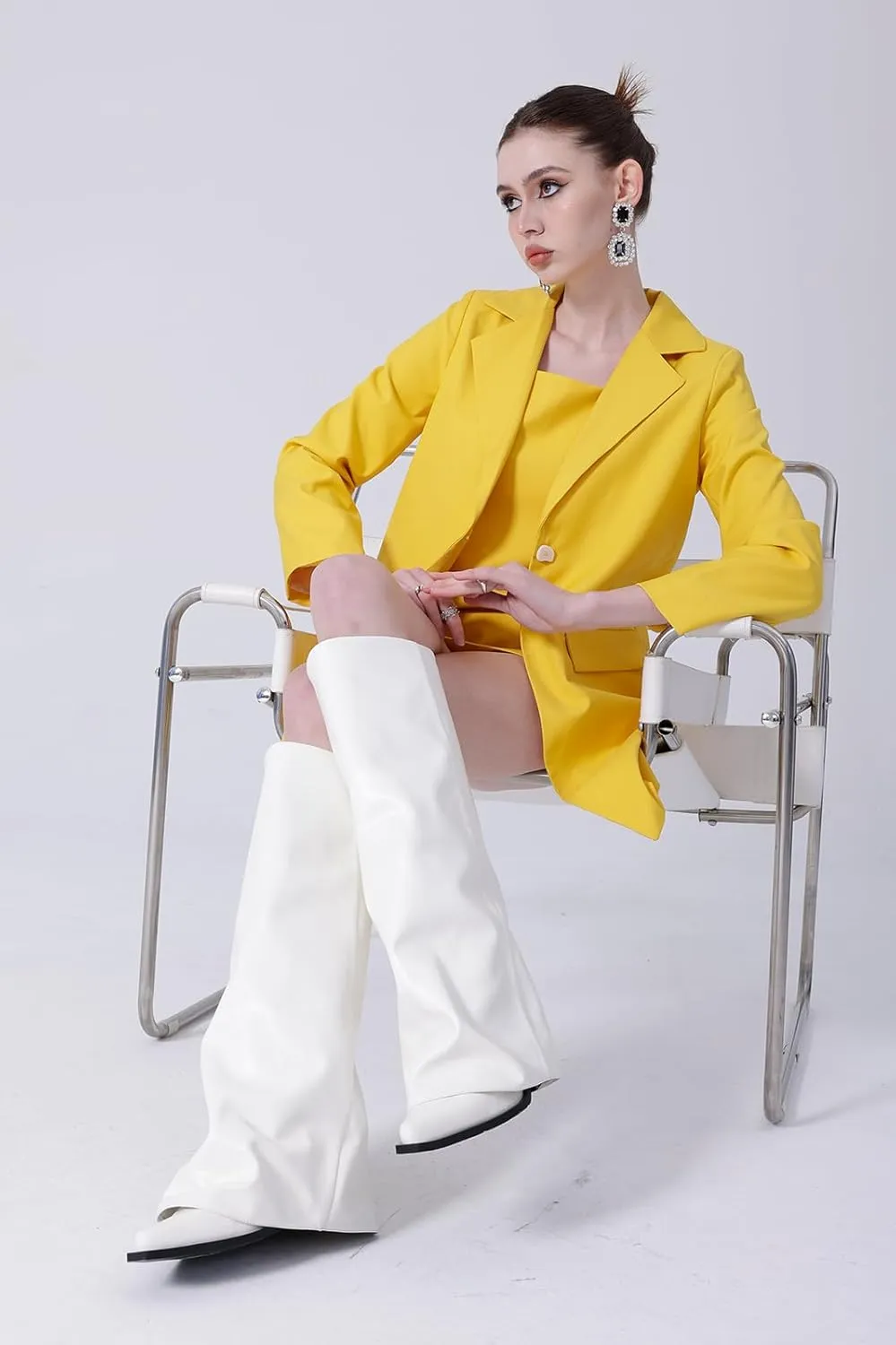 Chunky Knee High Fold Over Boots for Women with Zipper Pointed Toe