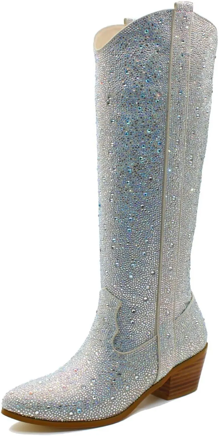 CIERWS Women's Embroidered Western Cowboy Boots Cowgirl Boots Knee High Medium Heel Chunky Heel Classic Retro Boots