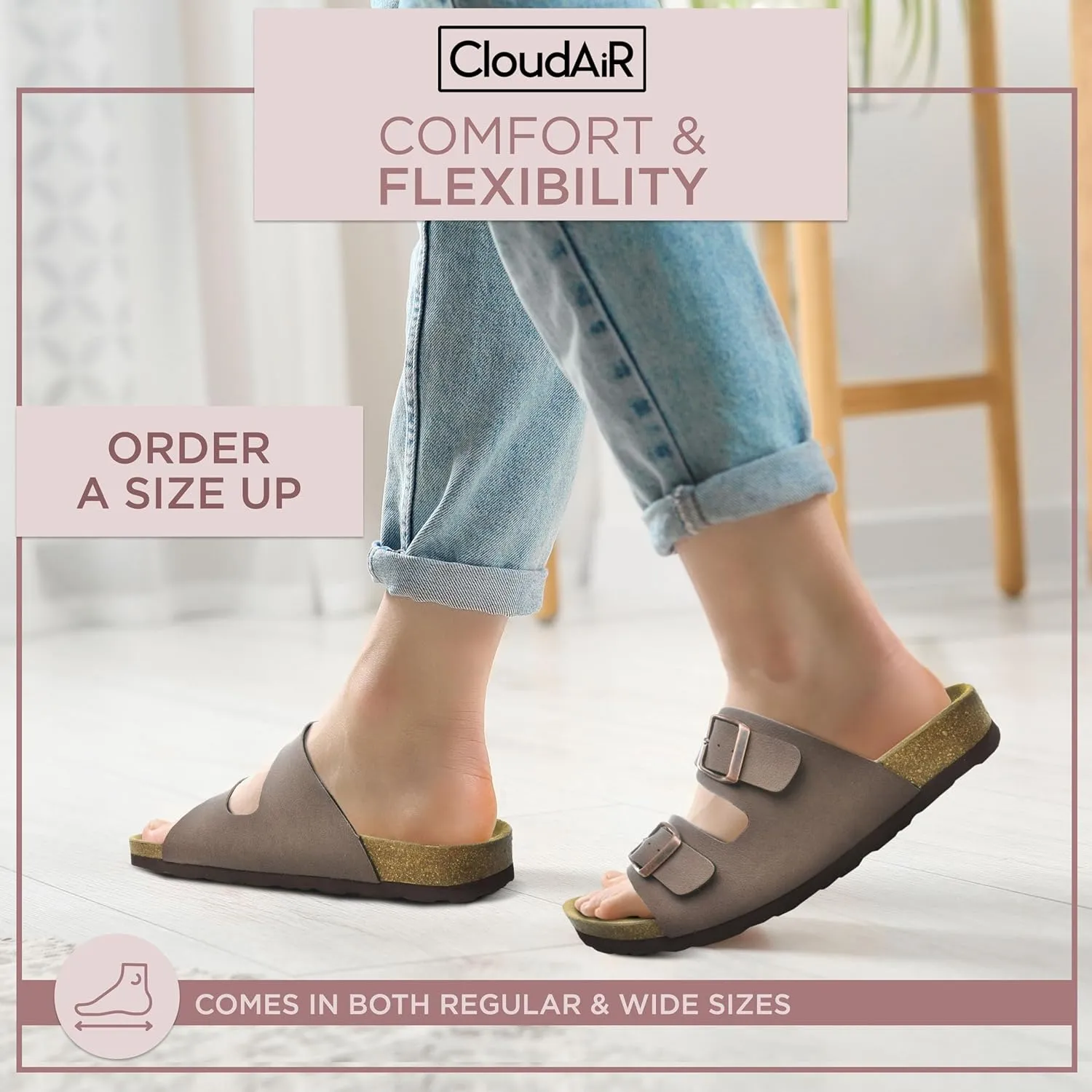 CLOUDAIR Joyce Sandals, Women’s Arch Support Slides, Suede Vegan Leather, Two Adjustable Buckle Straps, Cork Footbed