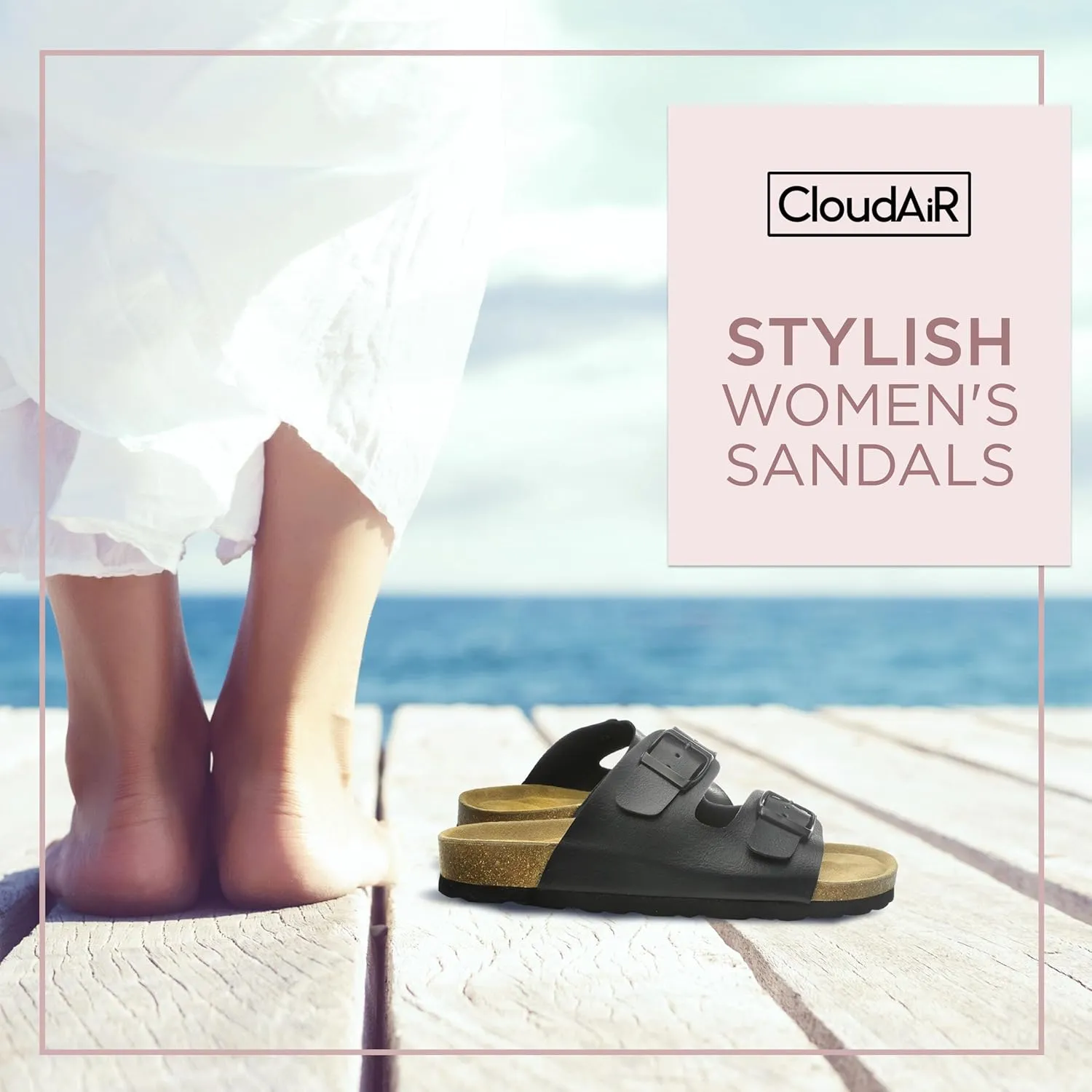 CLOUDAIR Joyce Sandals, Women’s Arch Support Slides, Suede Vegan Leather, Two Adjustable Buckle Straps, Cork Footbed