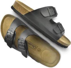 CLOUDAIR Joyce Sandals, Women’s Arch Support Slides, Suede Vegan Leather, Two Adjustable Buckle Straps, Cork Footbed