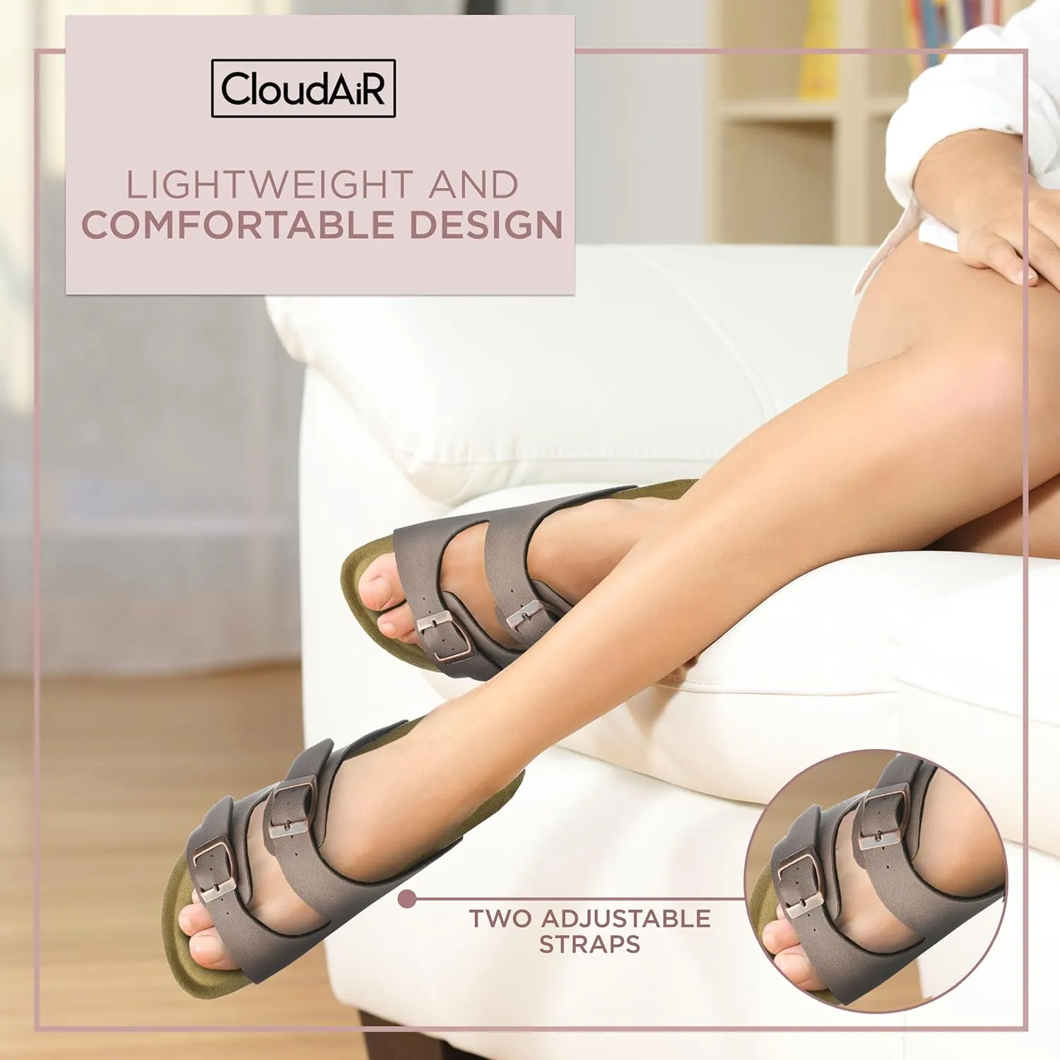 CLOUDAIR Joyce Sandals, Women’s Arch Support Slides, Suede Vegan Leather, Two Adjustable Buckle Straps, Cork Footbed