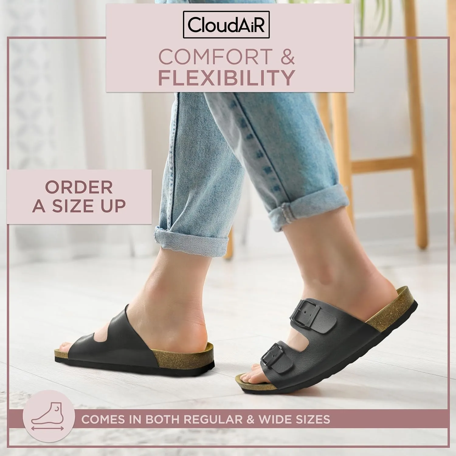 CLOUDAIR Joyce Sandals, Women’s Arch Support Slides, Suede Vegan Leather, Two Adjustable Buckle Straps, Cork Footbed