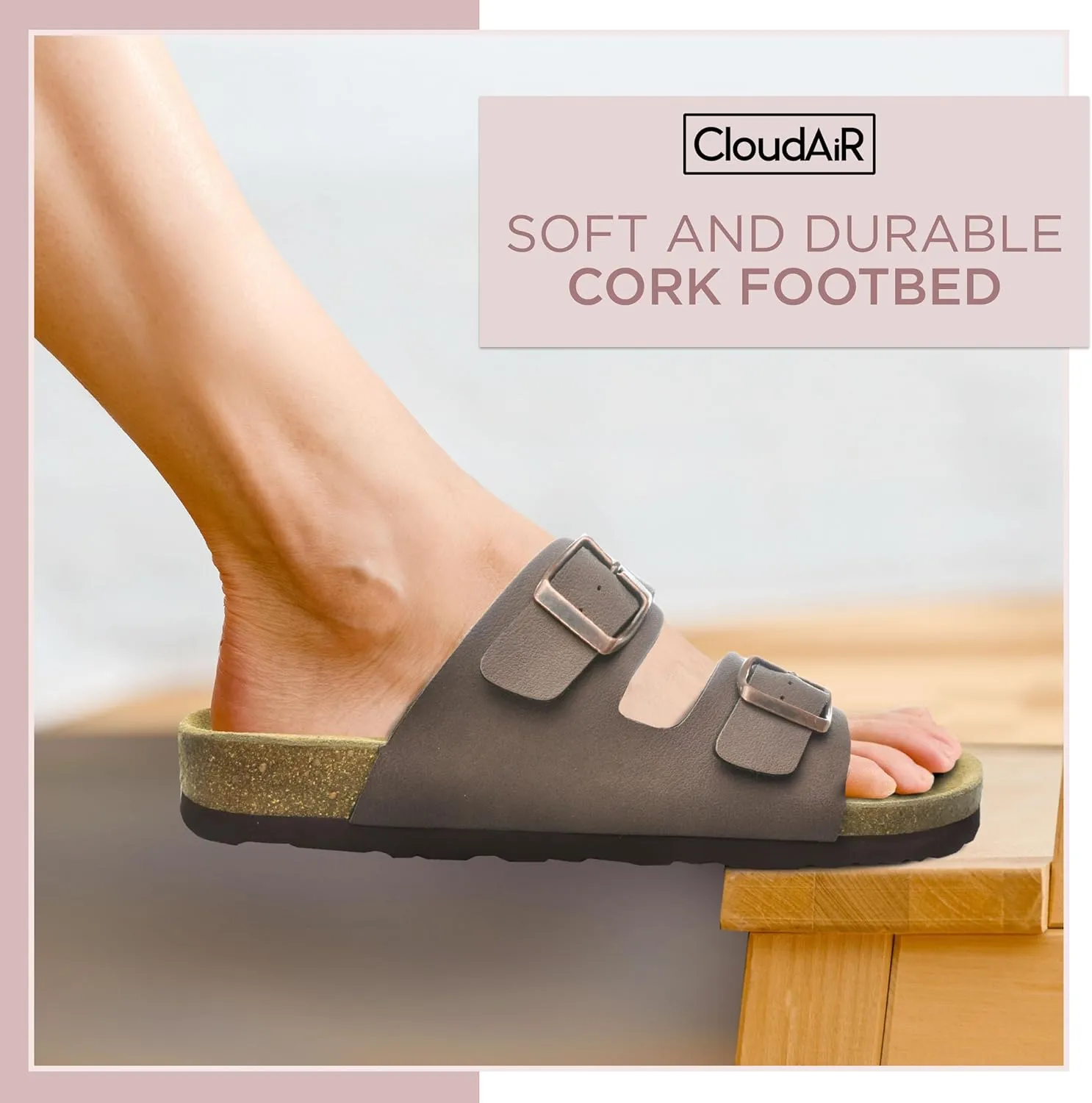 CLOUDAIR Joyce Sandals, Women’s Arch Support Slides, Suede Vegan Leather, Two Adjustable Buckle Straps, Cork Footbed