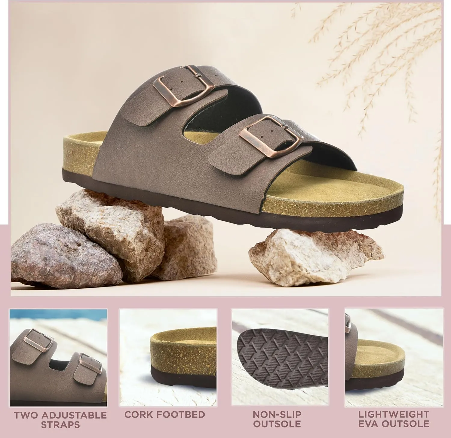 CLOUDAIR Joyce Sandals, Women’s Arch Support Slides, Suede Vegan Leather, Two Adjustable Buckle Straps, Cork Footbed