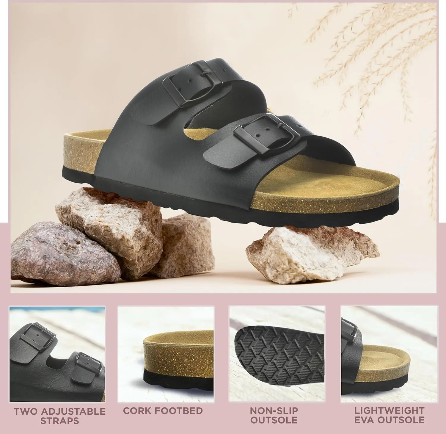 CLOUDAIR Joyce Sandals, Women’s Arch Support Slides, Suede Vegan Leather, Two Adjustable Buckle Straps, Cork Footbed